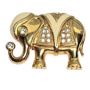 Vintage KJL For Avon Cream Enamel Clear Rhinestone Elephant Brooch Pendant